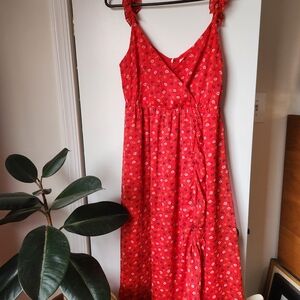 Madewell Ruffle Wrap Maxi Dress Red Prairie Posies Metallic Stripe 2 Cottagecore